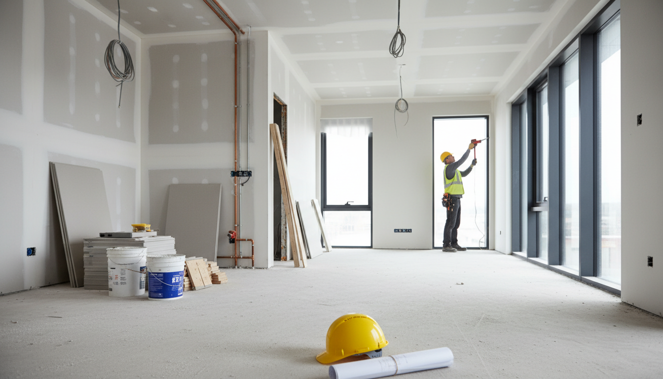 Innerer Baustellenblick mit Helm, Bauplänen, Elektro- und Sanitärinstallationen sowie Arbeitern – Baufirma Stuttgart