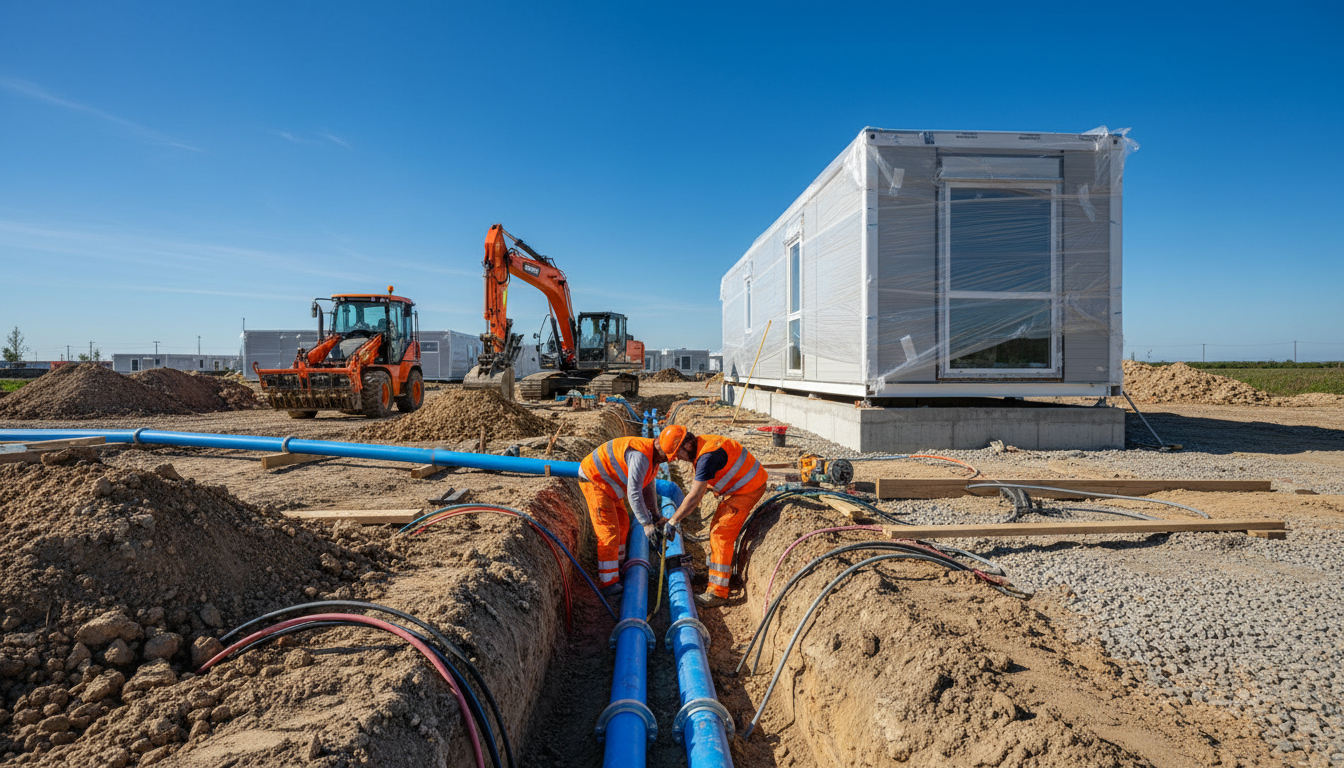 Bauarbeiter verlegen Wasser- und Abwasserleitungen in Gräben: Baunebenkosten beim Fertighaus sichtbar