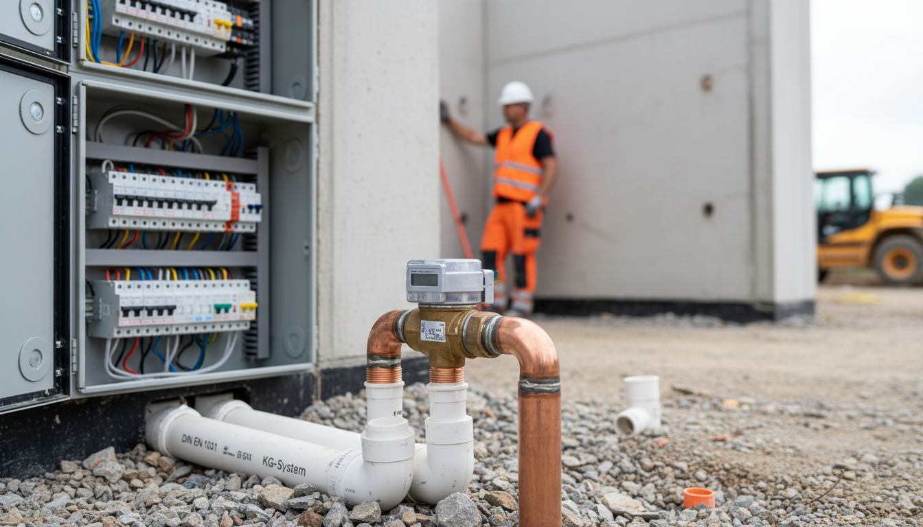 Baunebenkosten beim Fertighaus sichtbar: Wasserzähler, Elektroverteilung und Kanalanschlüsse auf Baustelle