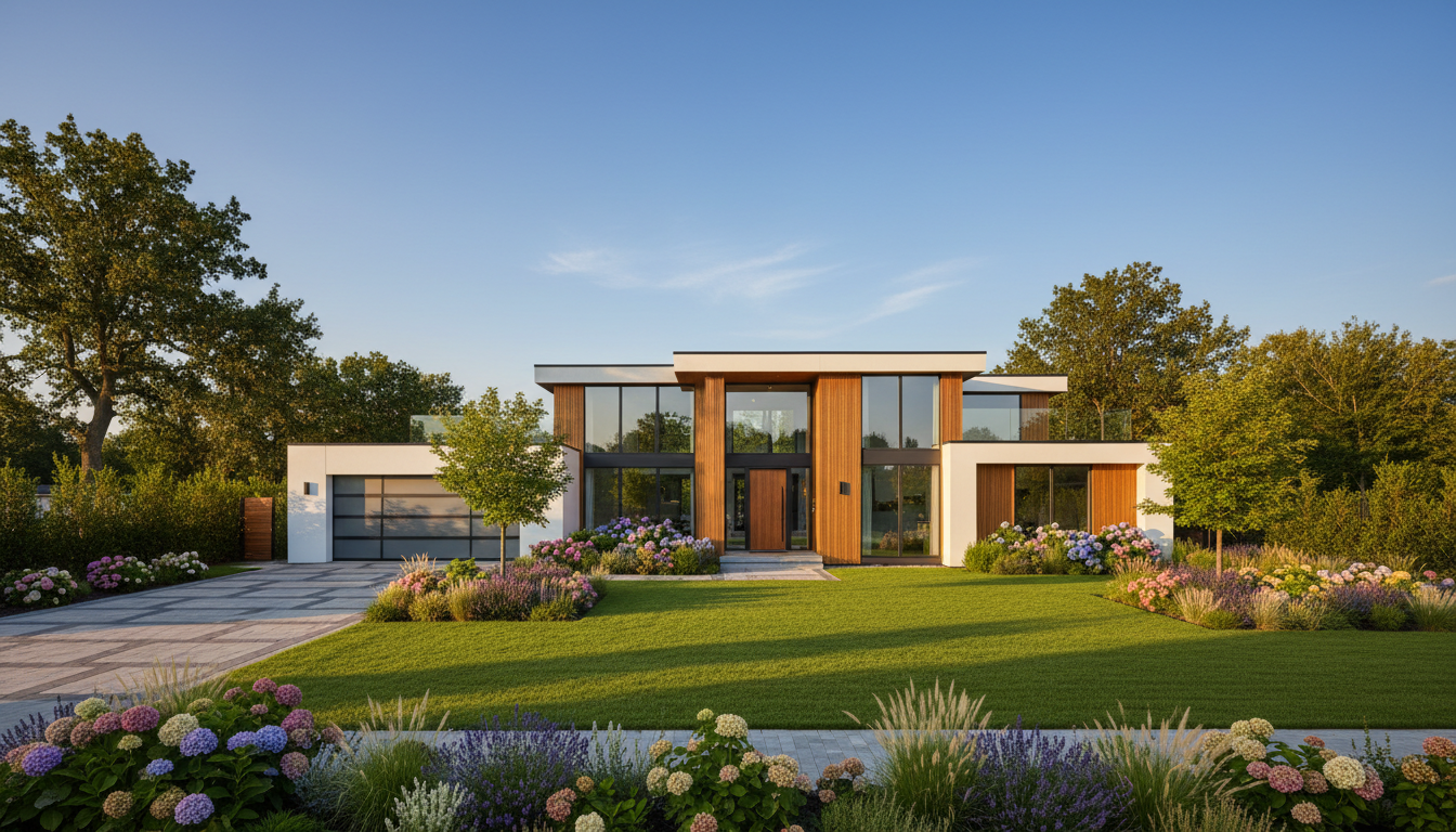 Modernes Fertighaus mit Garage, Zufahrt und gepflegtem Garten – Baunebenkosten beim Fertighaus berücksichtigen.