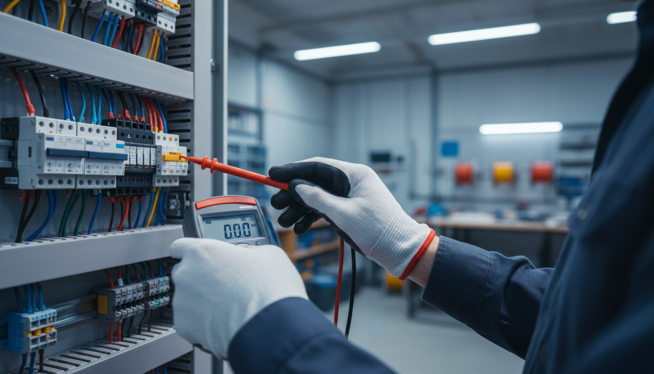 Elektriker verwendet Durchgangsprüfer: Nahaufnahme von roten und schwarzen Prüfspitzen an einem Sicherungsfeld