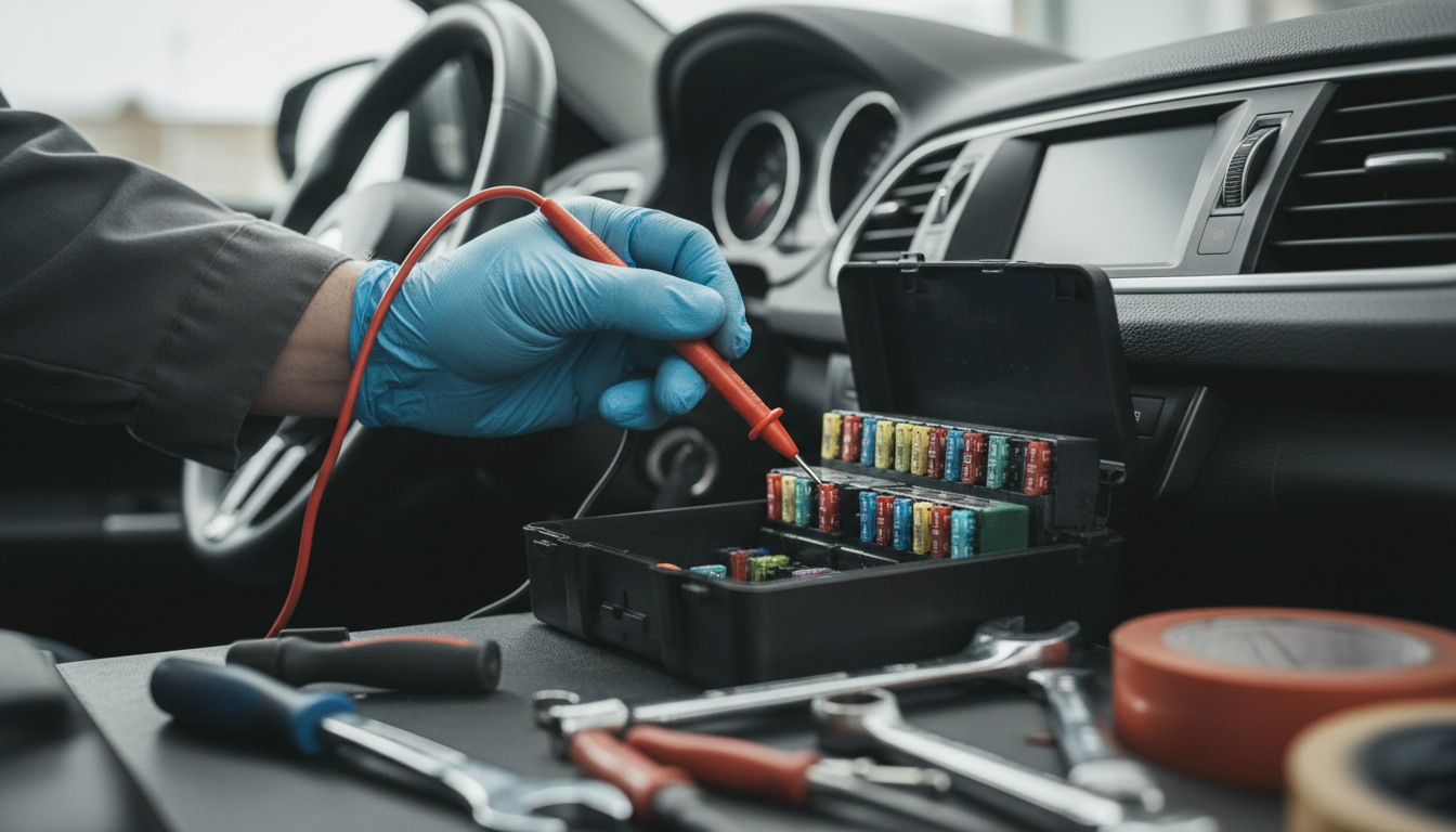 Automotive-Elektriker testet Sicherungskontakte mit Durchgangsprüfer am KFZ-Sicherungskasten, Werkstatt im Hintergrund