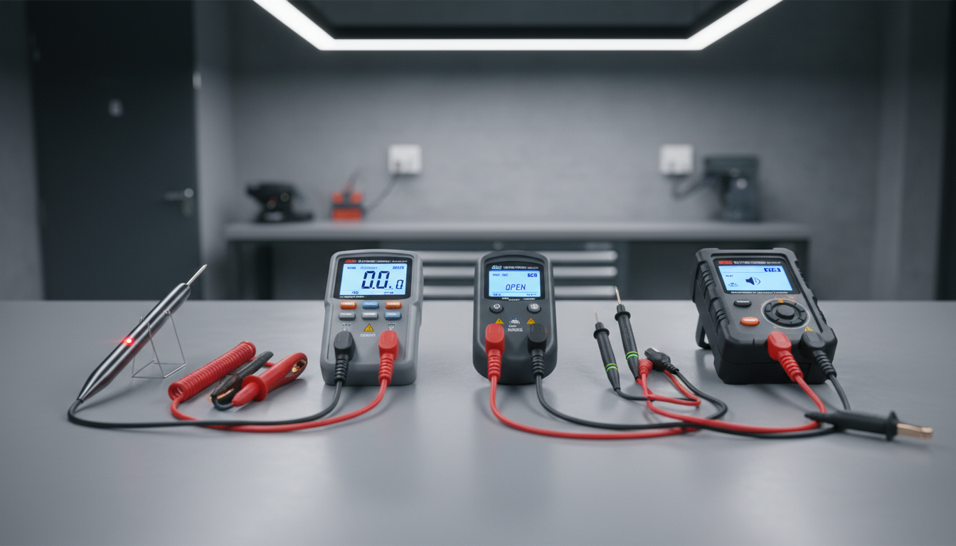 Mehrere Durchgangsprüfer und digitale Prüfgeräte mit roten und schwarzen Prüfspitzen auf Werkbank, helle Werkstattbeleuchtung