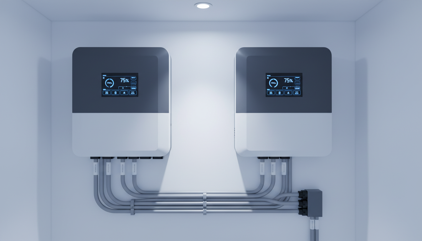 Professionelle Elektroinstallation mit modernem Solarinverter und Hausspeicher in sauberem Technikraum, geordnete Kabel