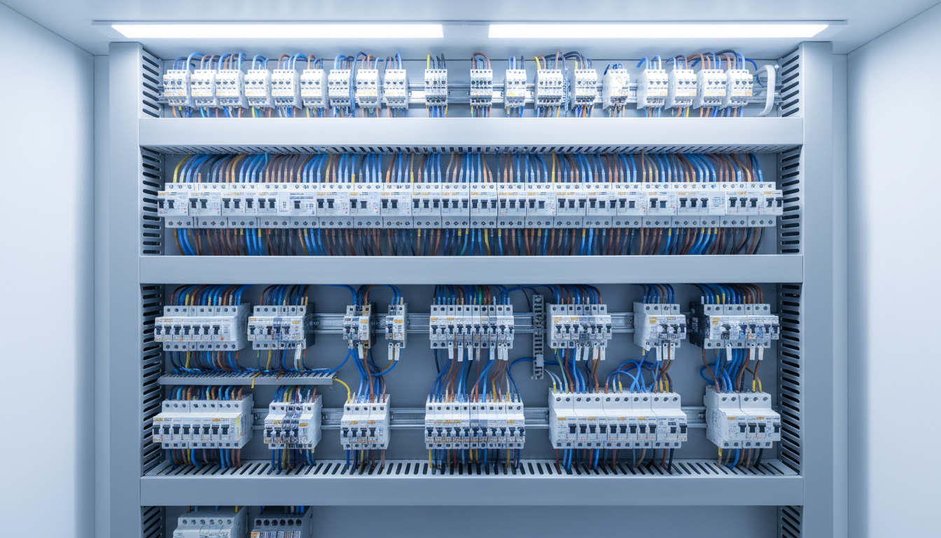 Nahaufnahme einer modernen Elektroinstallation im Verteilerkasten mit sauberer Beschriftung und geordneten Leitungen.