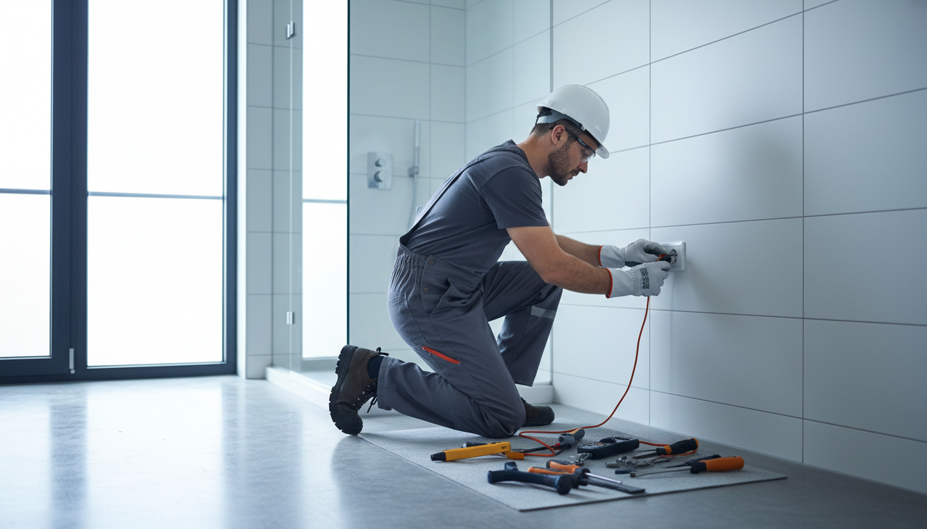 Elektriker bei Elektroinstallation im modernen Bad, montiert wasserdichte Steckdose, trägt Schutzkleidung.