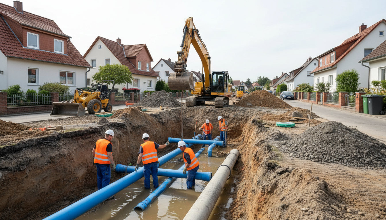 Arbeiter verlegen Wasser- und Abwasserleitungen in Gräben, Bagger und Geräte im Wohngebiet; erschließungskosten baugrundstück sichtbar.