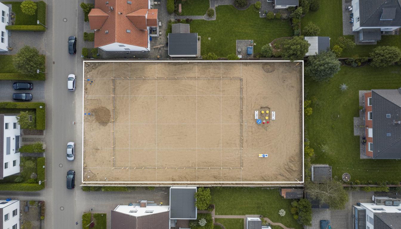 Luftaufnahme eines Lageplans mit Gebäudeabdruck, Anschlusspunkten und Grenzen — Erschließungskosten Baugrundstück ersichtlich.