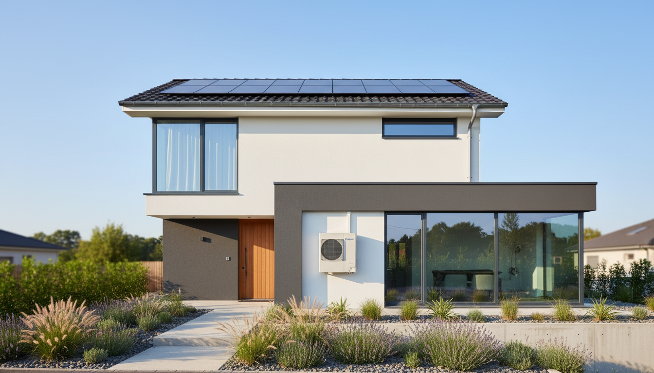 Modernes Haus mit Gasheizung, Solarthermie auf dem Dach und Außeneinheit der Wärmepumpe bei blauem Himmel