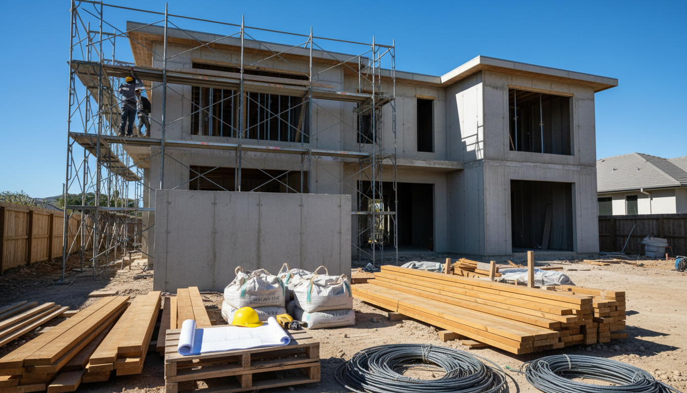 Grunderwerbssteuer absetzen bei Hausbau Einfamilienhaus im Bau mit Geruest und Baustoffen unter blauem Himmel, grunderwerbssteuer absetzen beim Hausbau