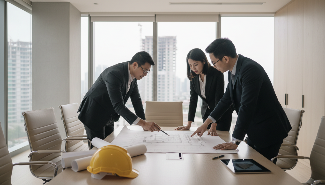 Grunderwerbssteuer absetzen beim Bau: Tipps für Käufer Architekt und Kunden mit Bauplänen und Helm im Büro – grunderwerbssteuer absetzen beim Immobilienkauf prüfen