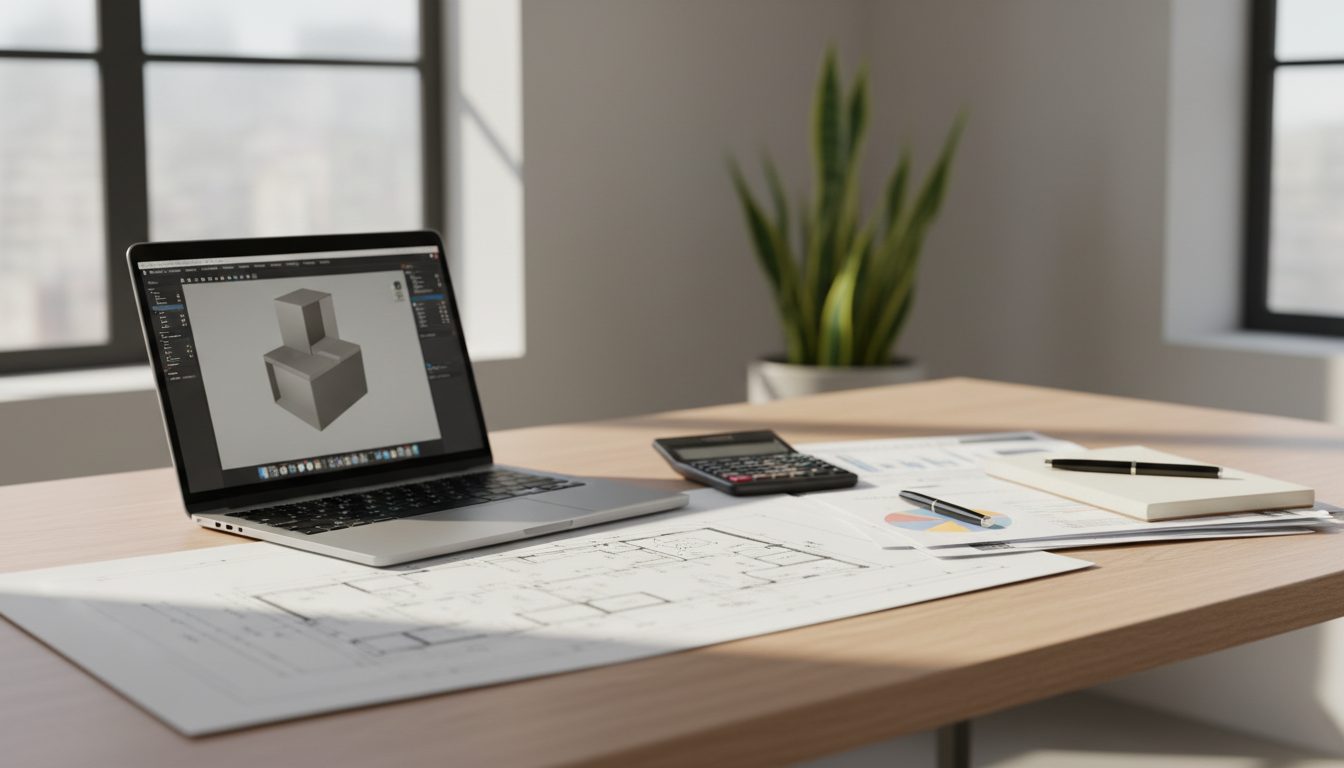 Grunderwerbssteuer absetzen beim Hauskauf richtig Home-Office mit Laptop, Bauplänen und Taschenrechner – Tipps wie man Grunderwerbssteuer absetzen kann