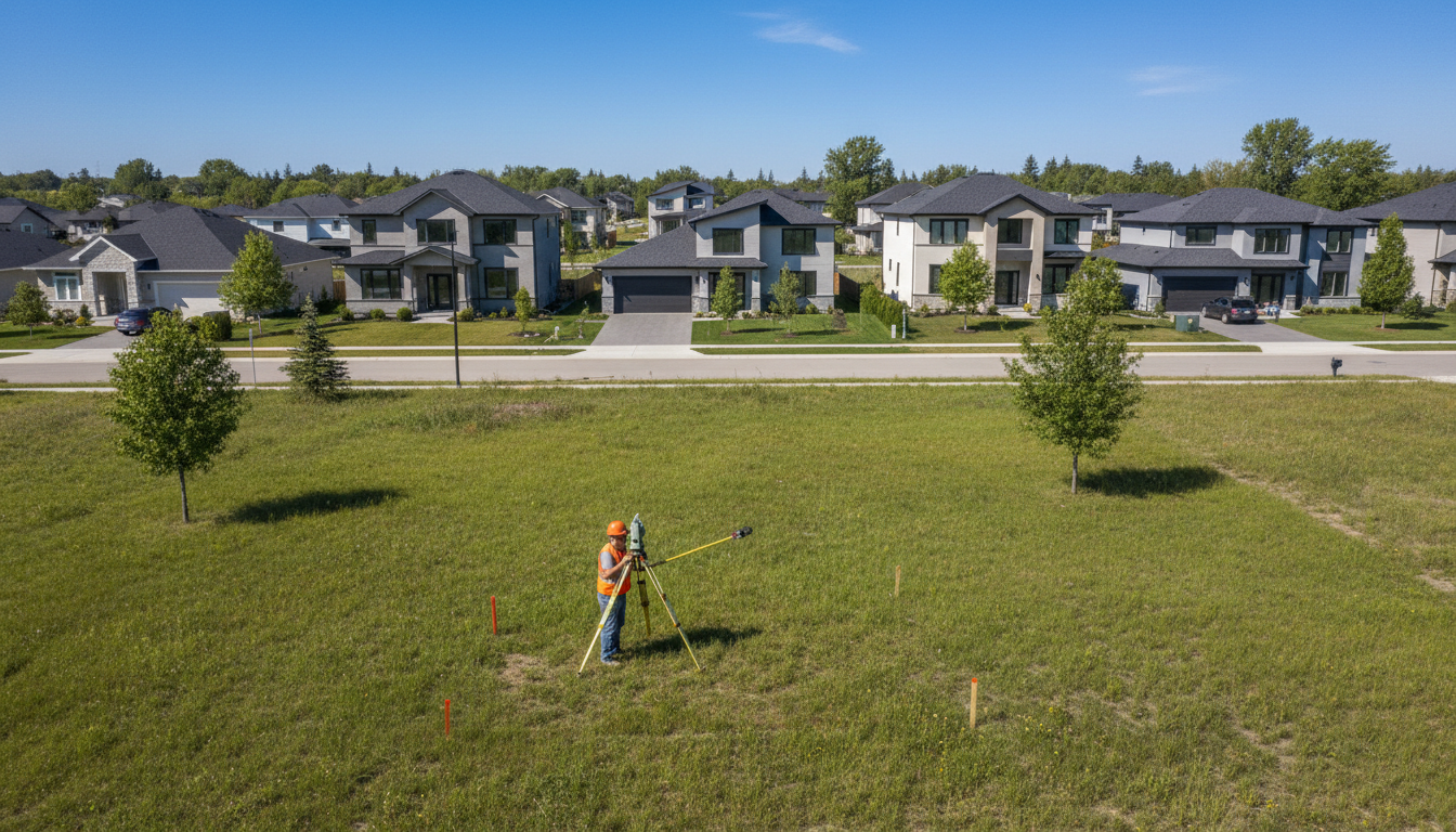 Professionelle Luftaufnahme eines unbebauten Bauplatzes mit Vermesser bei Grenzmarke – ideal für haus bauen mit grundstück