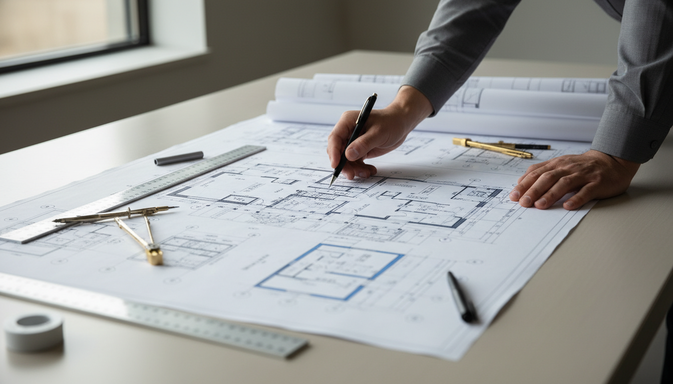 Architekt zeigt detaillierte Hauspläne auf Tisch mit modernen Werkzeugen und Licht – haus bauen mit grundstück