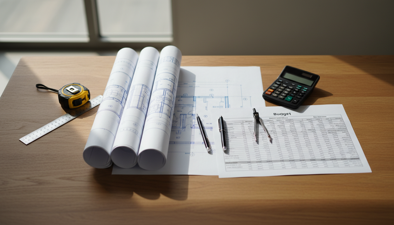 Draufsicht auf Baupläne, Budgettabellen, Taschenrechner und Messwerkzeuge zur hausbau planung