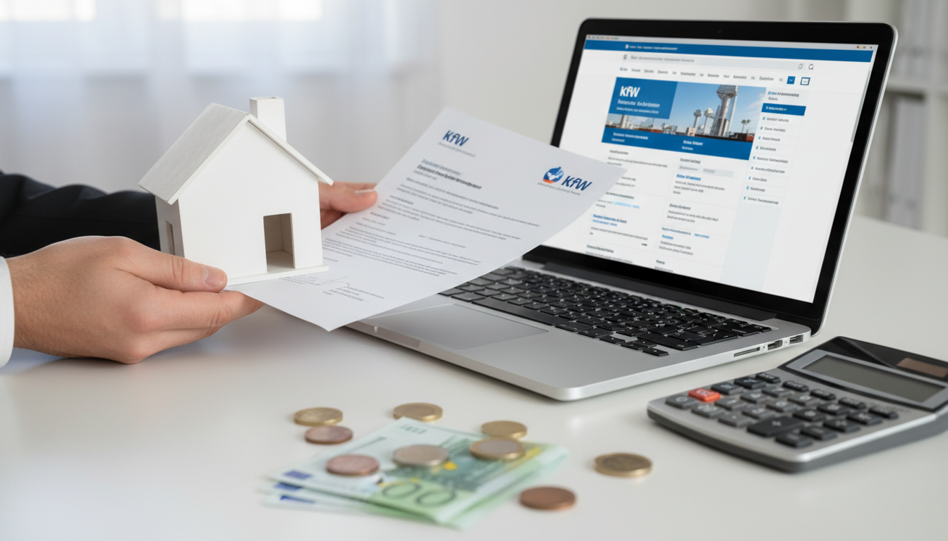 Hände halten ein Hausmodell über KfW-Förderunterlagen, Laptop, Taschenrechner und Geld als Symbol für hausbau planung