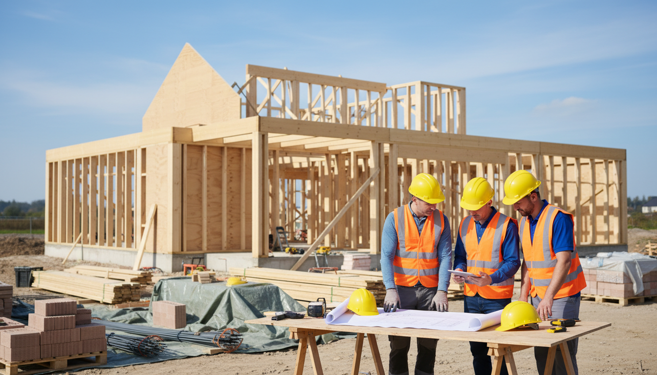 Bauarbeiter prüfen Baupläne an Holzrahmen eines modernen Einfamilienhauses bei Tageslicht, durch hausbauunternehmen dokumentiert