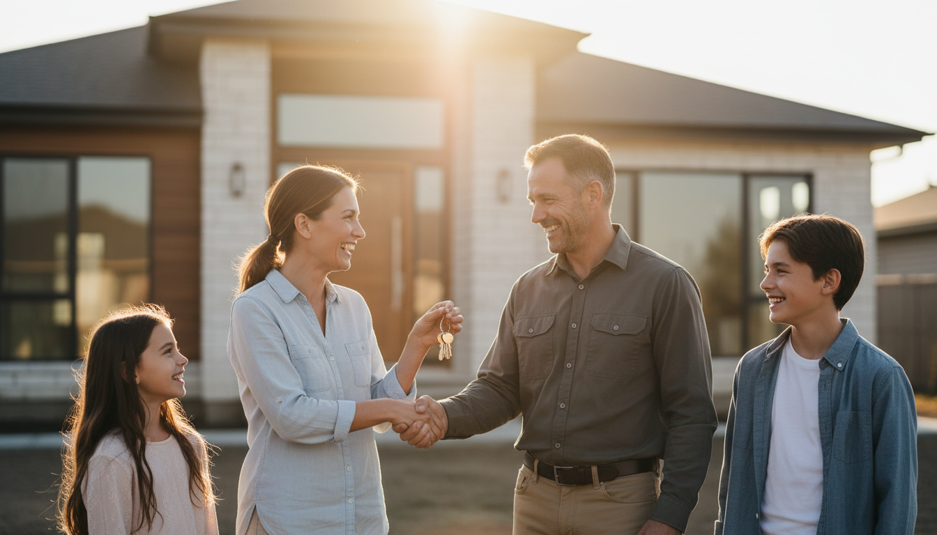 Junge Familie erhält Hausschlüssel vom hausbauunternehmen, Händedruck mit Bauunternehmer vor Haus im goldenen Abendlicht