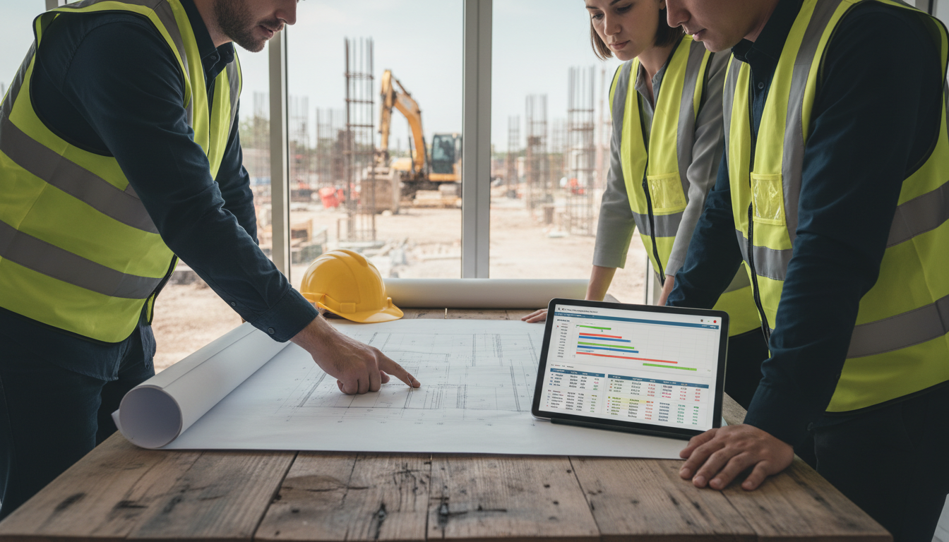 Architekt und Bauherren prüfen Baupläne und Zeitplan auf Tablet, Helm auf Tisch, hausbauunternehmen im Planungsgespräch.
