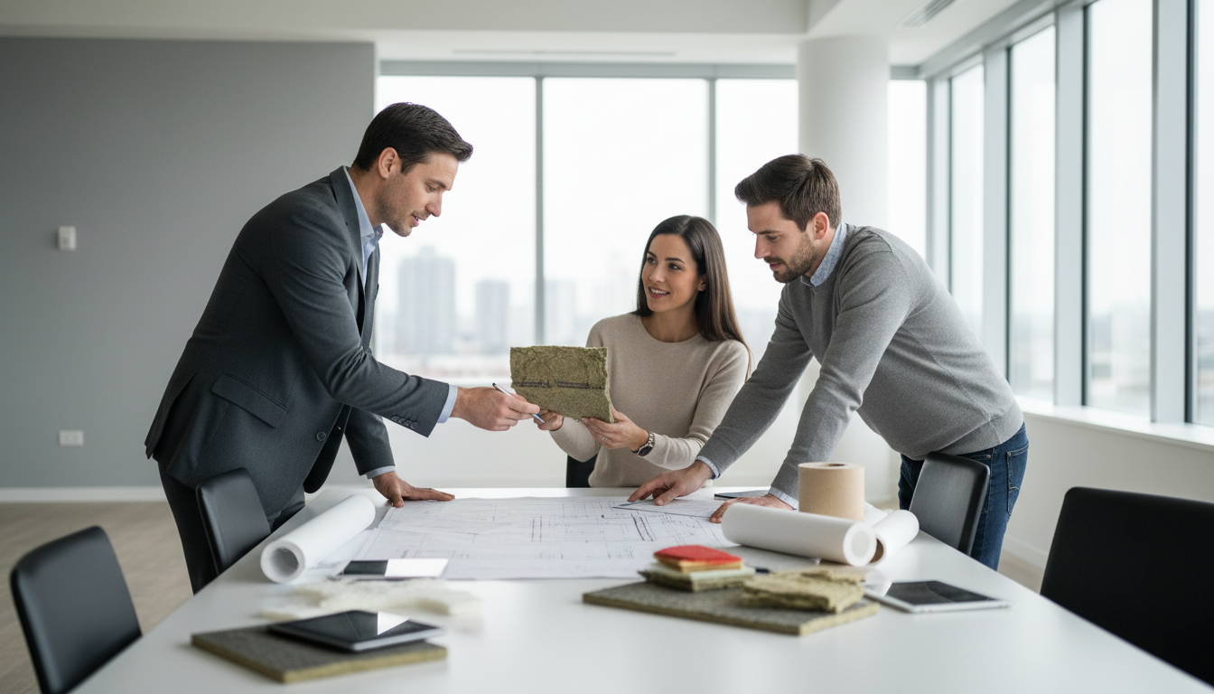 Architekt erklärt Hausisolierung anhand von Plänen und Dämmstoffmustern im modernen Büro bei natürlichem Licht.