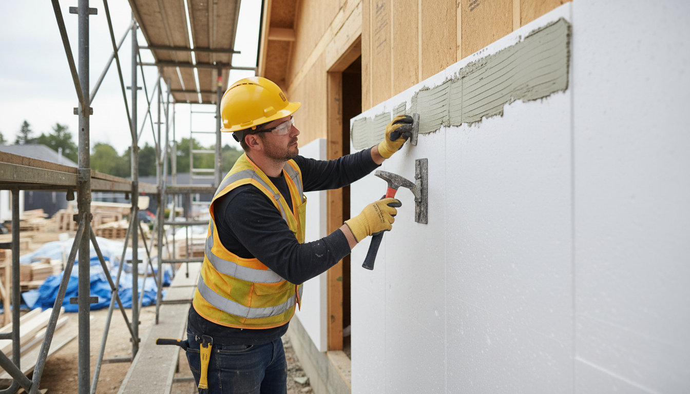 Bauarbeiter montiert Dämmplatten an Hausfassade auf Geruest, Schritt der Hausisolierung bei klarem Tageslicht