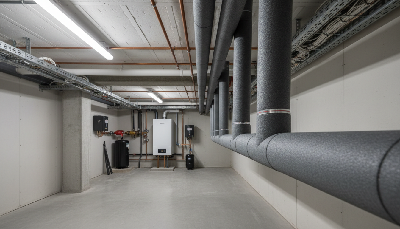 Gedämmte Heizrohre im Keller mit Schaumstoffhüllen, freier Decke und LED-Licht, modernes System, Heizkosten senken.