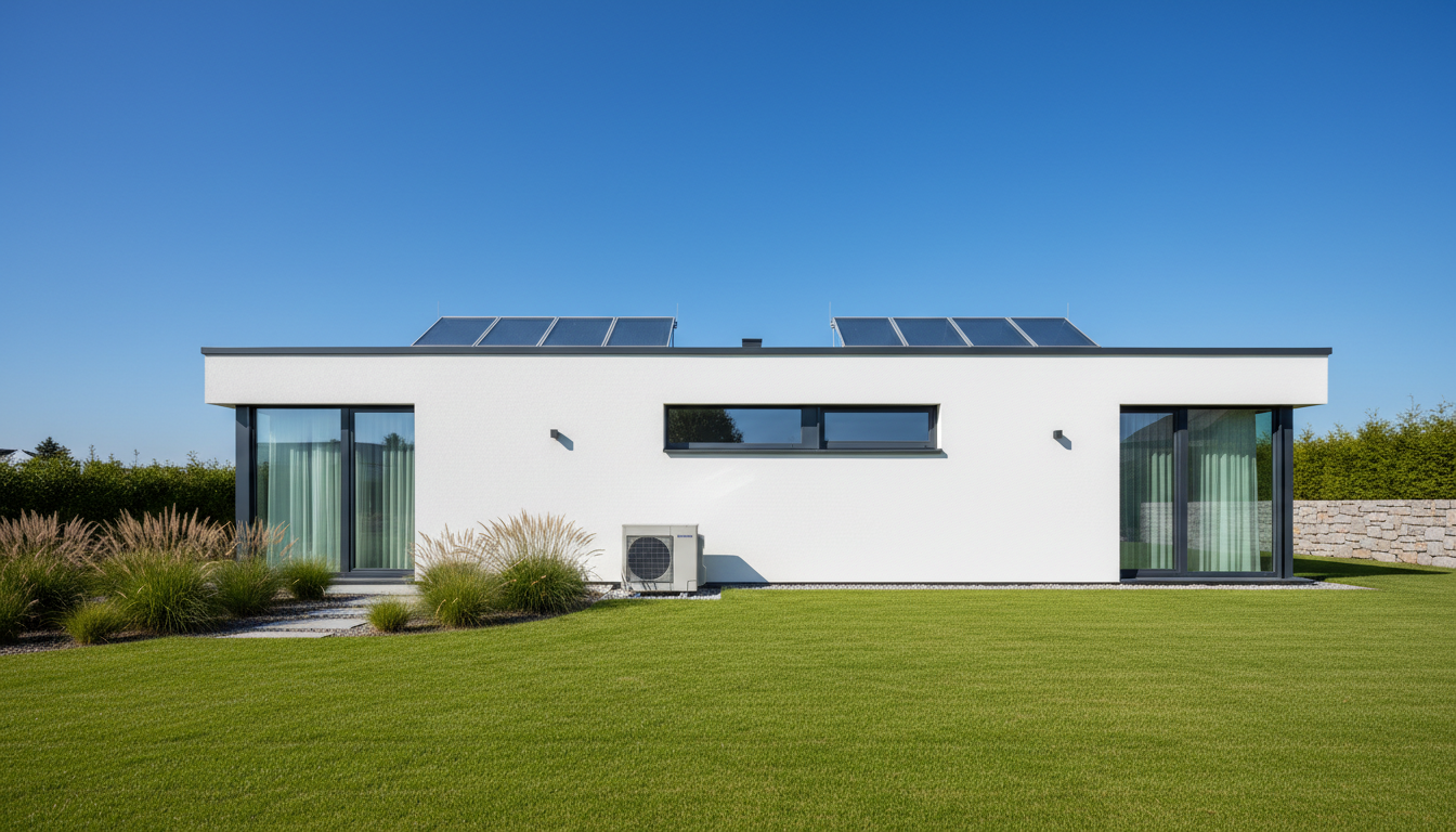 Modernes Einfamilienhaus mit Solarthermie auf dem Dach und Wärmepumpe im Garten – Heizkosten senken durch Dämmung.