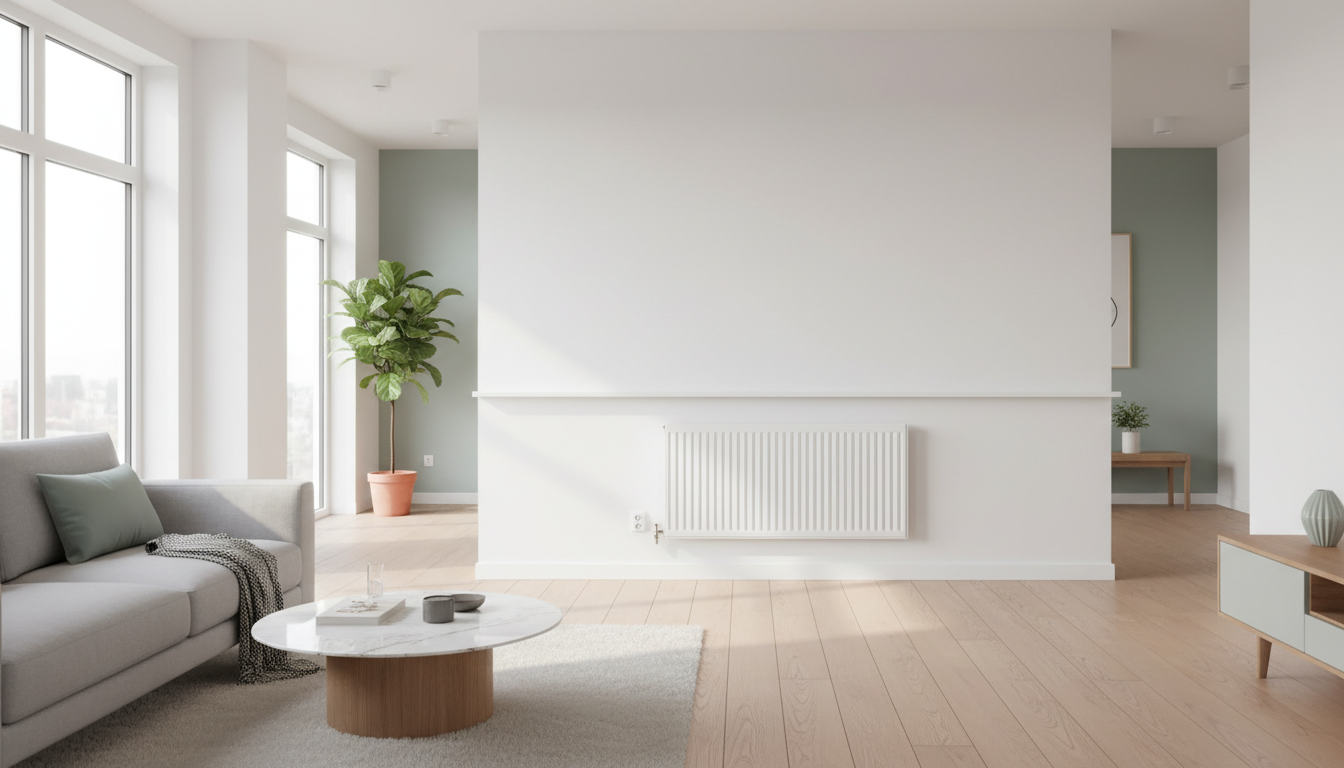 Modernes Wohnzimmer mit freiem Heizkörper und korrektem Abstand. Heizkosten senken durch ungehinderte Wärmeabstrahlung.