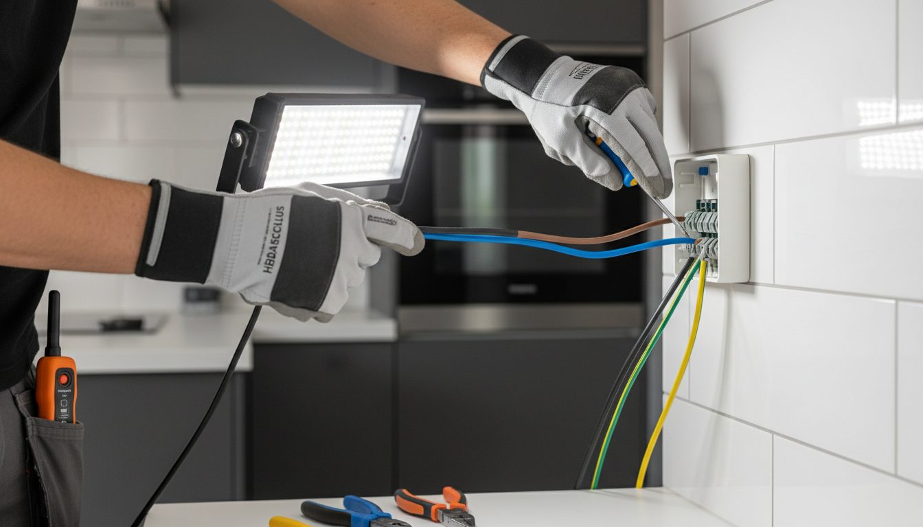 Elektriker verbindet Herdanschluss: Nahaufnahme von fünfadrigem Kabel in Abzweigdose, Handschuhe, LED-Beleuchtung