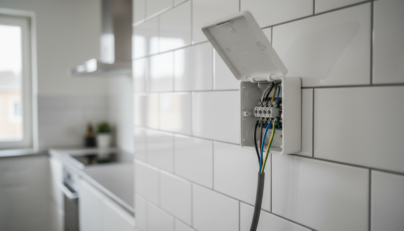 Nahaufnahme: Herdanschluss mit fünfadrigem Kabel, Wandanschlussdose und modernem Kochfeld in weißer Kachelung