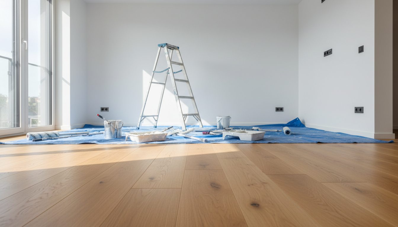 Helles Renovierungsfoto mit Holzfußboden, Leiter und Malerzubehör — passend zu innenausbau haus kosten.