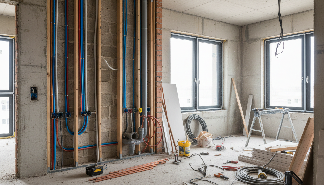 Modernes Haus im Umbau mit sichtbarem Innenausbau, Elektro- und Sanitärinstallationen – innenausbau haus kosten beachten