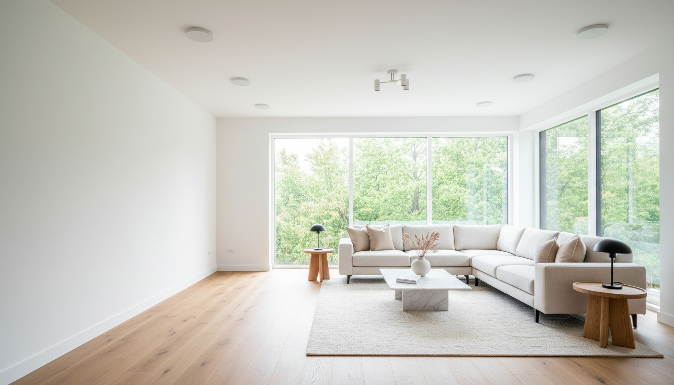Fertig renoviertes Wohnzimmer mit Holzboden, großen Fenstern und moderner Beleuchtung; innenausbau haus kosten im Fokus.