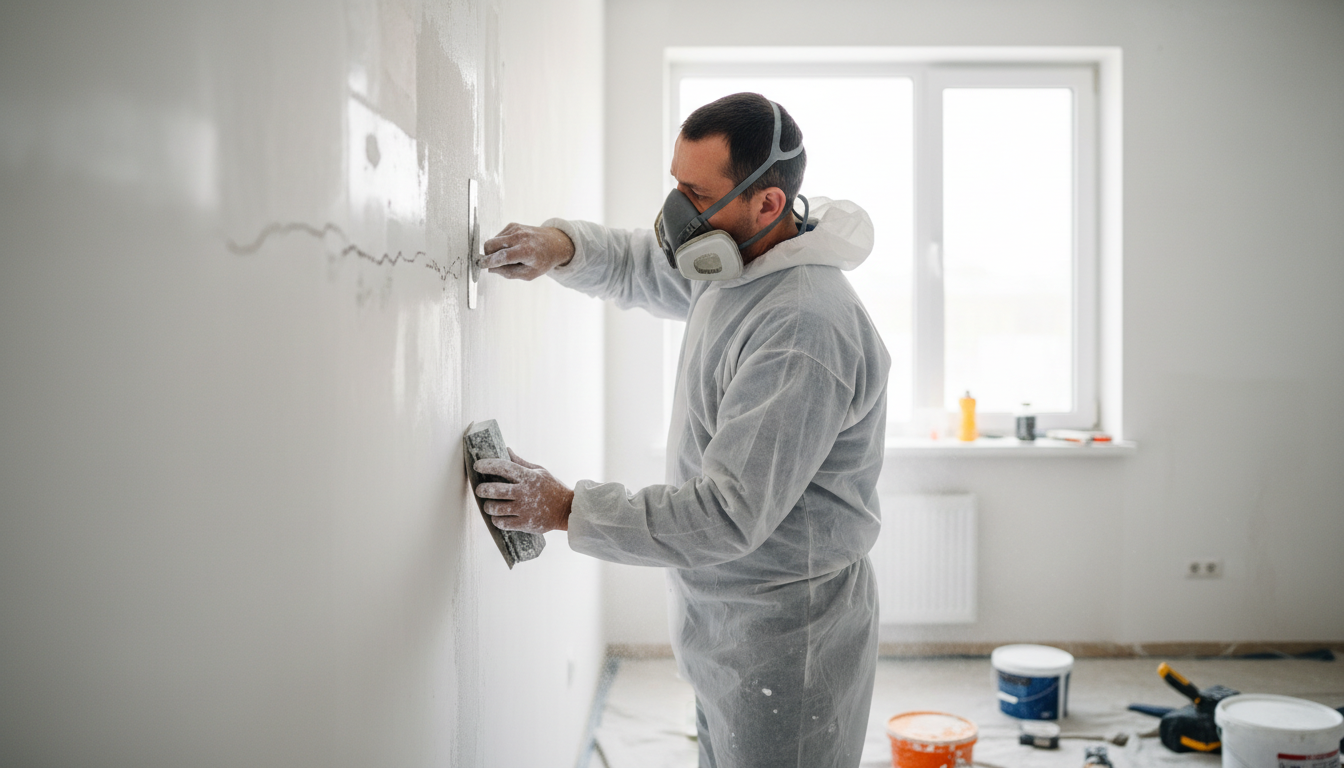 Profi-Maler spachtelt und schleift Wand bei Renovierung, praktische Ausrüstung sichtbar, Maler Kosten-Einblick