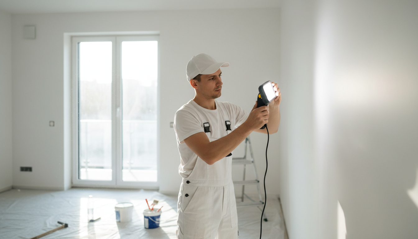 Maler Kosten im Fokus: Profi prüft frisch gestrichene weiße Wand mit Inspektionslampe bei Renovierung