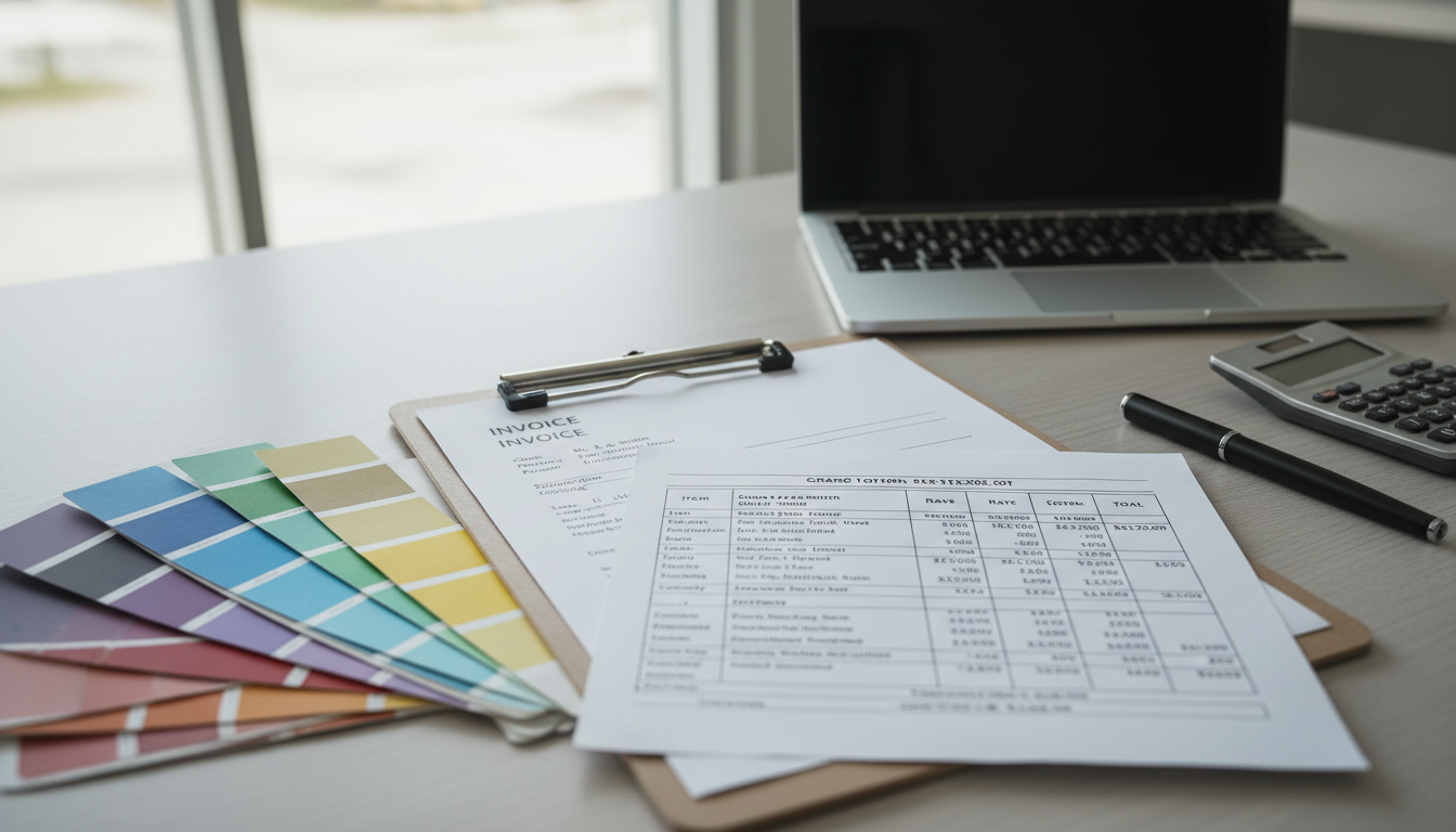 Rechnung und Vertragsunterlagen auf Klemmbrett mit Farbmuster und Kalkulationsblättern – Maler Kosten im Fokus