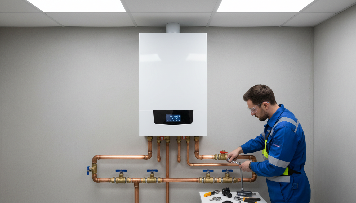 Techniker wartet moderne Gasheizung: wandhaengender Brennwertkessel mit Kupferleitungen im sauberen Hauswirtschaftsraum