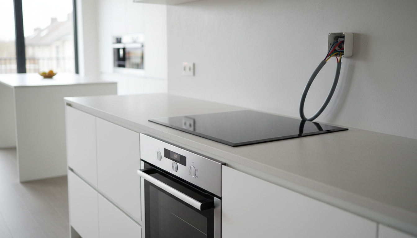 Professionelles Foto: Herdanschluss am modernen Elektroherd, sichtbares Anschlusskabel zur Wand