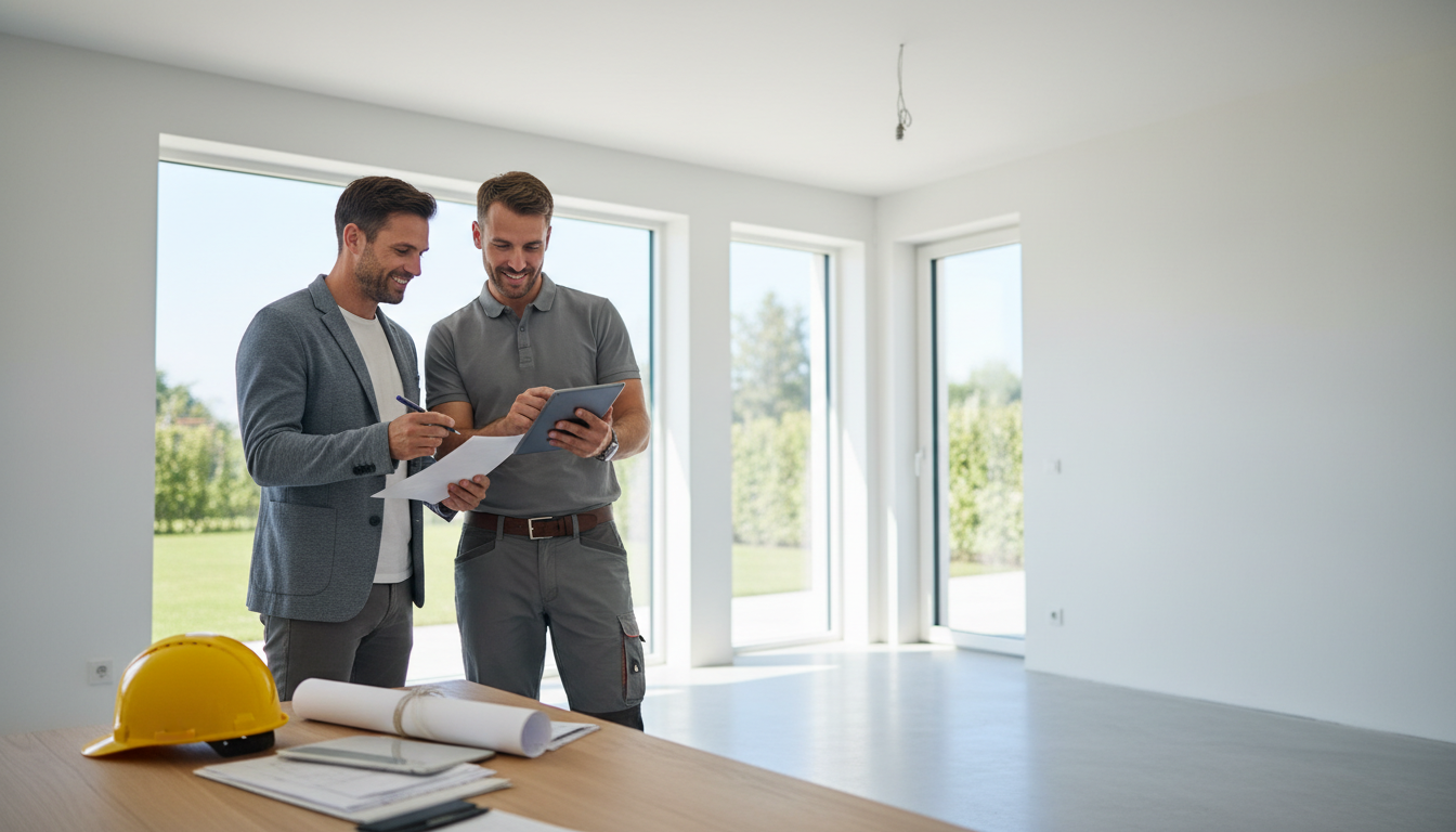 Renovierungsfehler: Hausinspektion nach Modernisierung Homeowner und Handwerker prüfen auf Renovierungsfehler bei fertiger, heller Modernisierung mit Checkliste und Tablet.