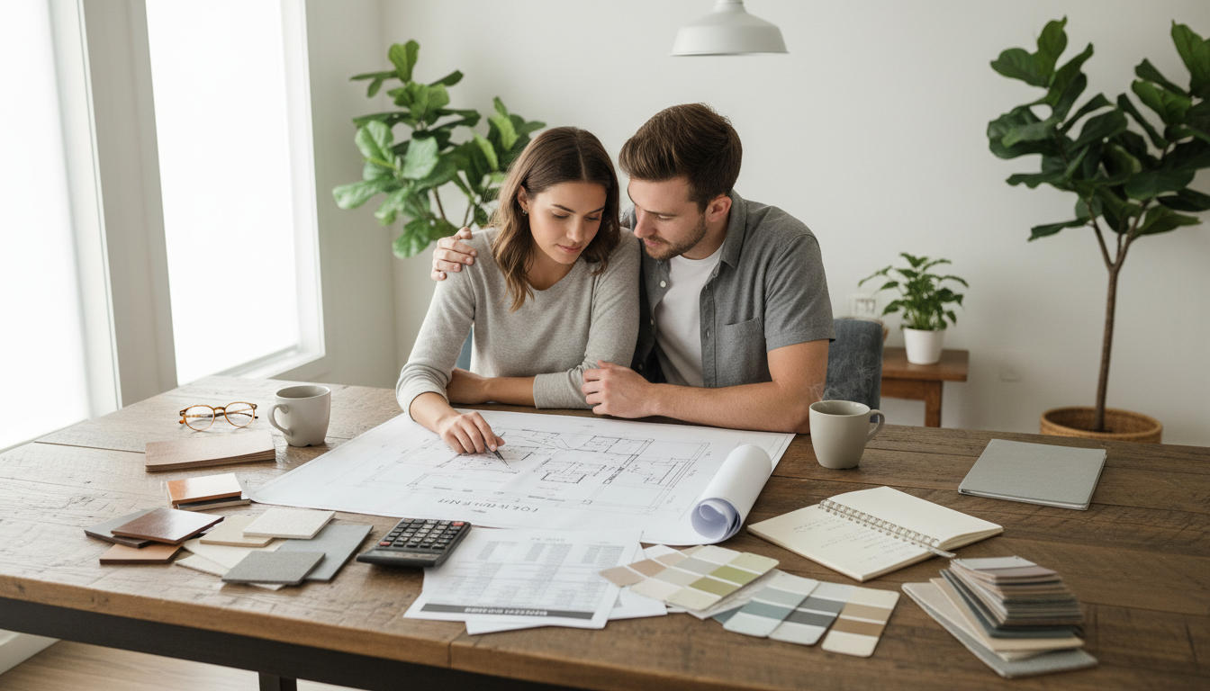 Renovierungsfehler vermeiden: Planen mit Checkliste Paar prüft Blaupausen und Kostenvoranschläge am Tisch mit Materialmustern und Farbkarten – Renovierungsfehler vermeiden.