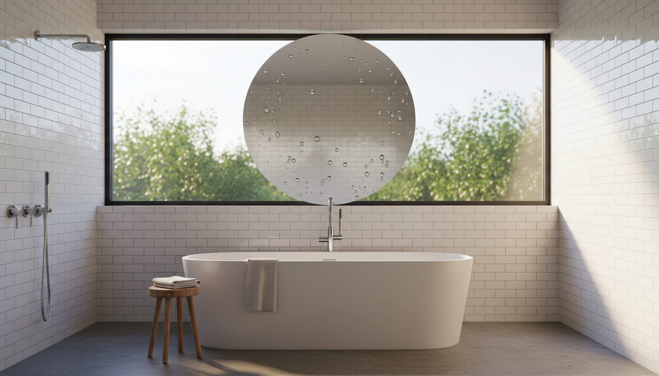 Schimmelprävention: Helles Bad mit offener Lüftung Modernes weißes Bad nach Dusche mit Wassertropfen an Spiegel und Fliesen, offene Fensterlüftung zur Schimmelprävention.