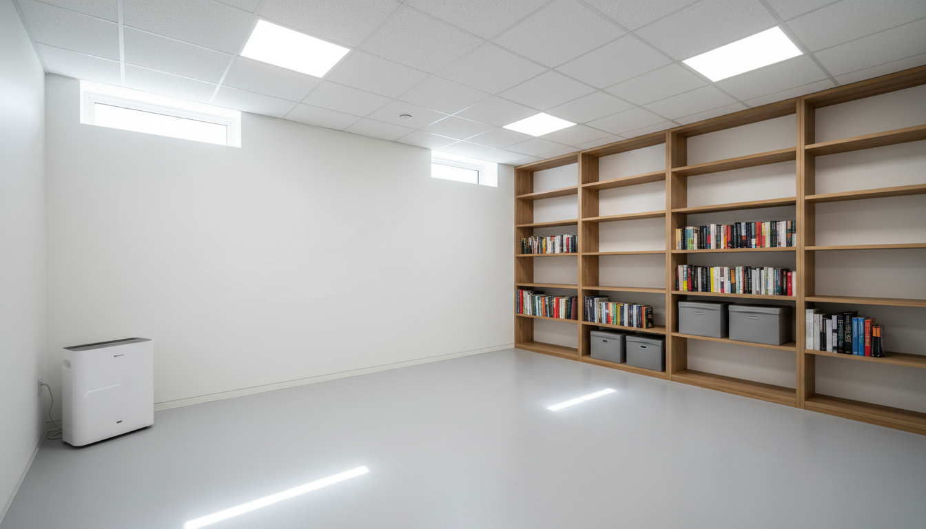 Schimmelprävention im Keller: Modern, trockenes Umfeld Modern belüfteter Kellerraum mit Luftentfeuchter und LED-Beleuchtung zur effektiven Schimmelprävention