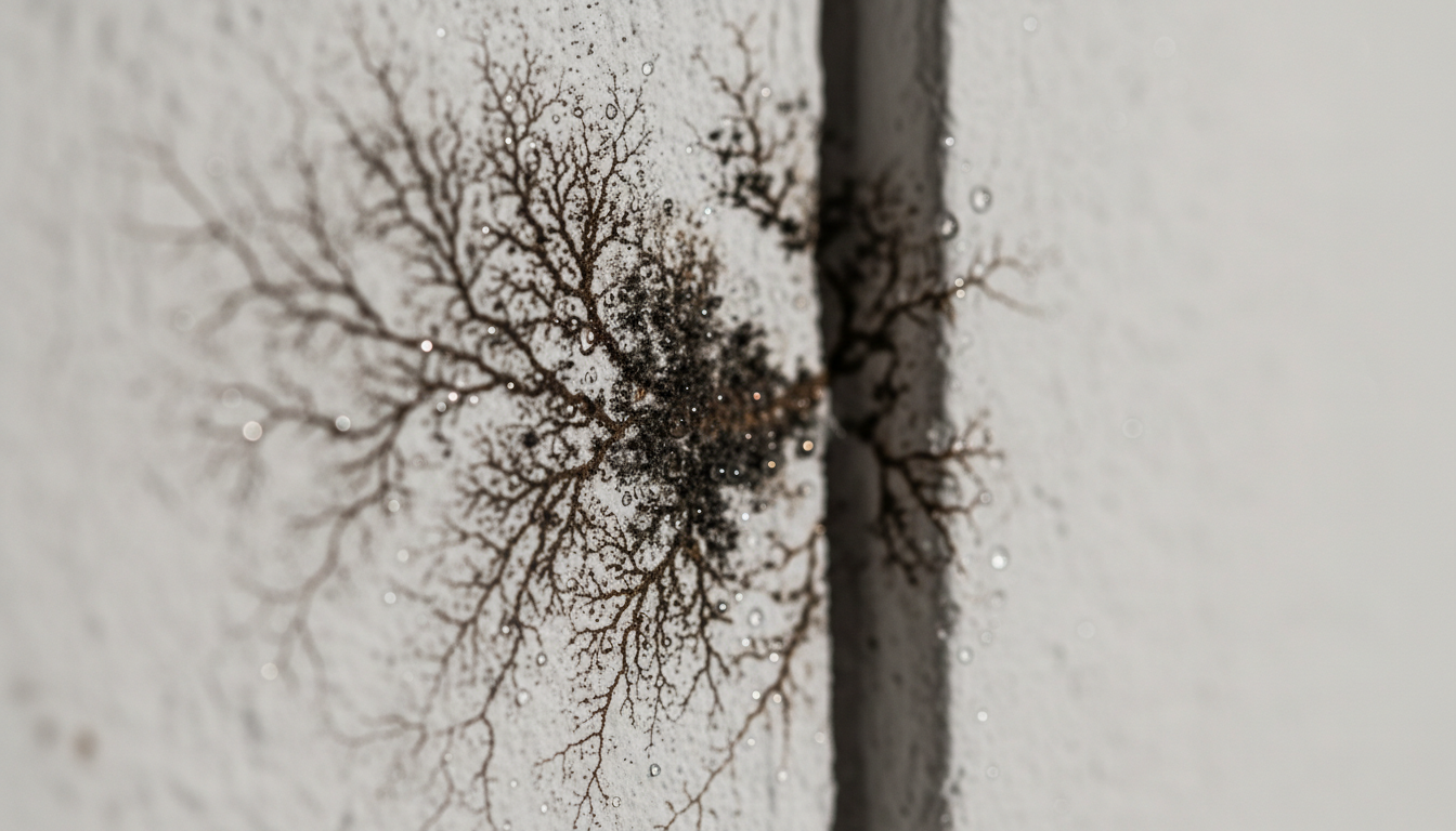 Schimmelpraevention Makroaufnahme-Ecke01 Makroaufnahme von schwarzem Schimmel in einer weißen Wand-Ecke mit Kondenswasser, zeigt Details für Schimmelprävention