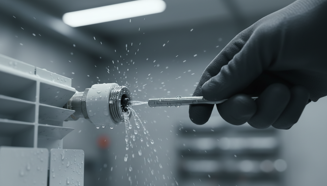 Nahaufnahme: Hand nutzt Entlüftungsschlüssel am Thermostatventil eines Heizkörpers, Wassertropfen sichtbar