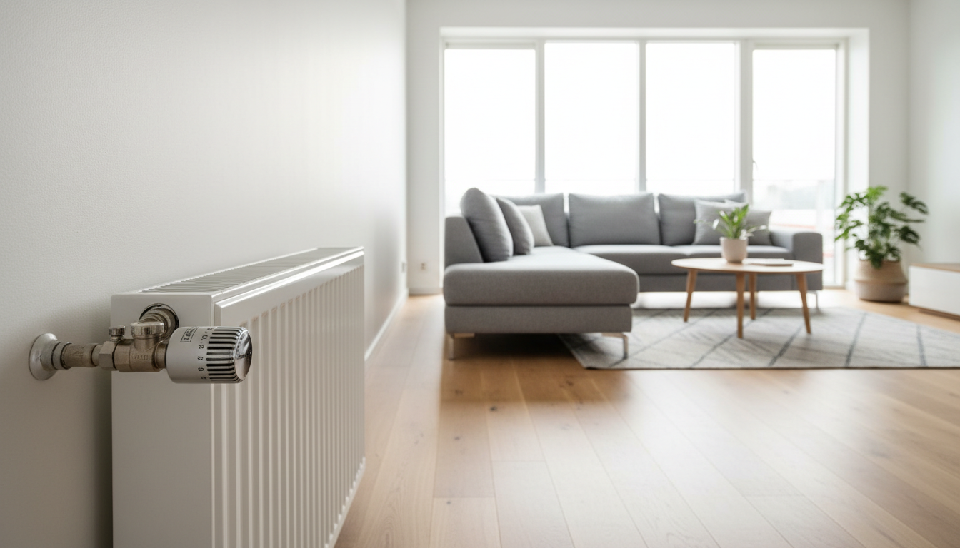 Helles Wohnzimmer mit sichtbarem Thermostatventil am Heizkörper, moderne Couch, Tageslichtfenster