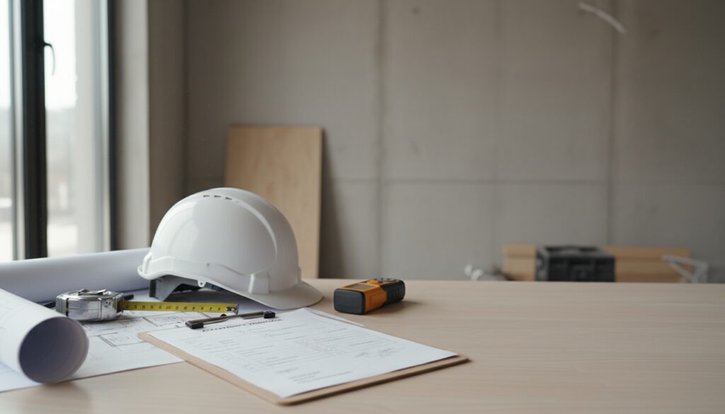 Abnahmeprotokoll für Bauleistungen auf Klemmbrett bei Baustelleninspektion mit Helm und Messwerkzeug