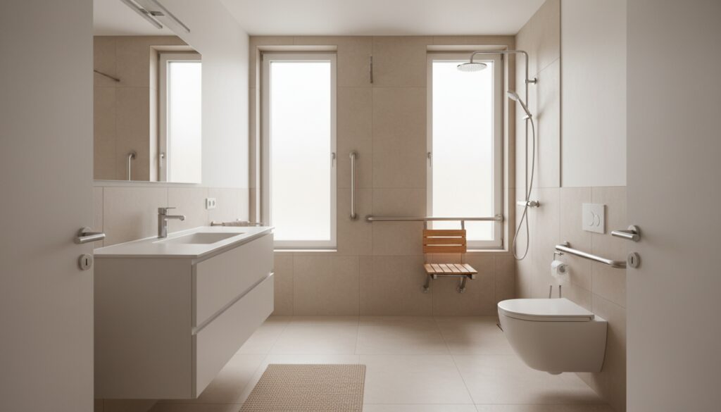 Barrierefreies Wohnen: modernes, helles Bad mit bodengleicher Dusche und Haltegriffen