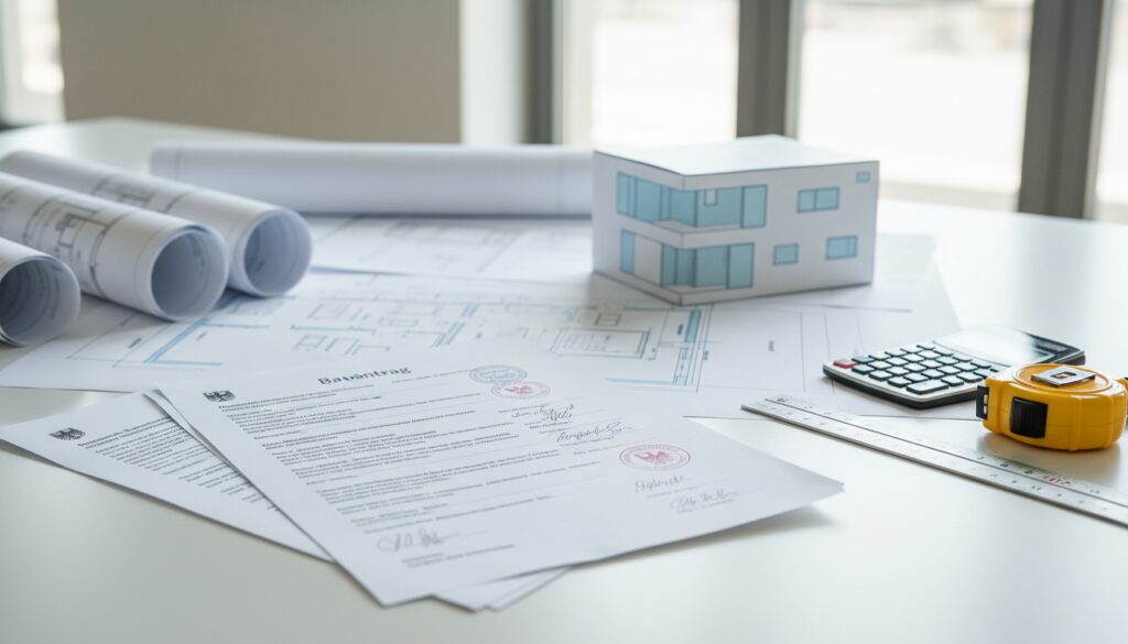 Bauantrag Bauanzeige auf Schreibtisch mit Bauplänen, Stempeln, Messwerkzeugen und Taschenrechner bei natürlichem Fensterlicht.