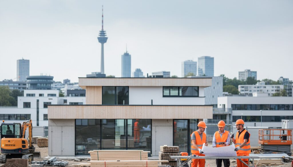 Baufirma Stuttgart baut modernes Familienhaus, Bauarbeiter prüfen Pläne vor der Stadtansicht
