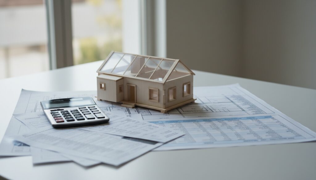 Fertighaus-Modell auf Bauplänen mit Taschenrechner und Rechnungen, baunebenkosten beim fertighaus im Fokus